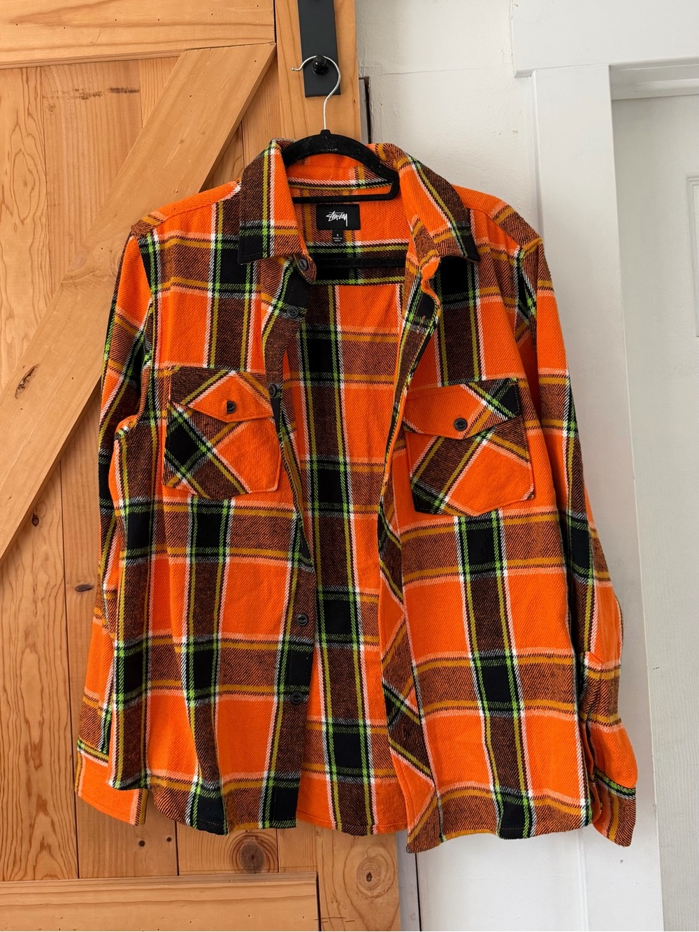Stussy Ace Plaid Flannel Button-Down Shirt Orange Black